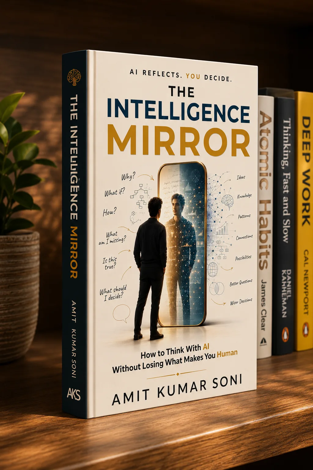 The Intelligence Mirror on a shelf beside Atomic Habits, Thinking Fast and Slow, and Deep Work