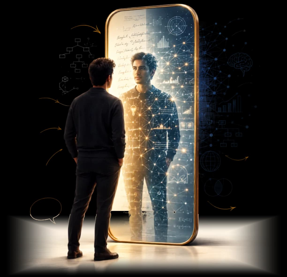 A man stands before a tall mirror and sees his reflection traced in networks of light. Around him float his questions (Why? What if? What am I missing? What should I decide?) and, on the other side, what the mirror gives back: ideas, patterns, connections, better questions, wiser decisions.